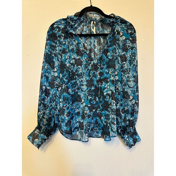 Anthropologie Blue Sheer Printed Peasant Blouse  Size XS - Picture 5 of 9